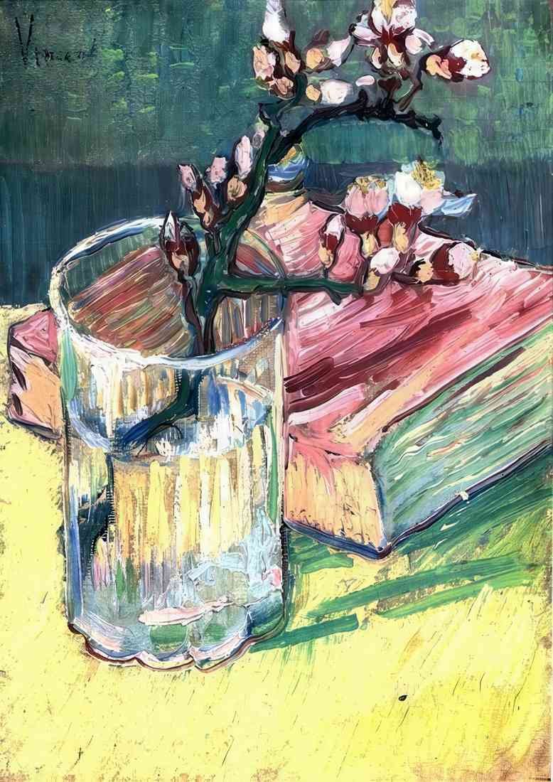 van gogh blossoming almond branch in a glass with a book A4 Photo Print