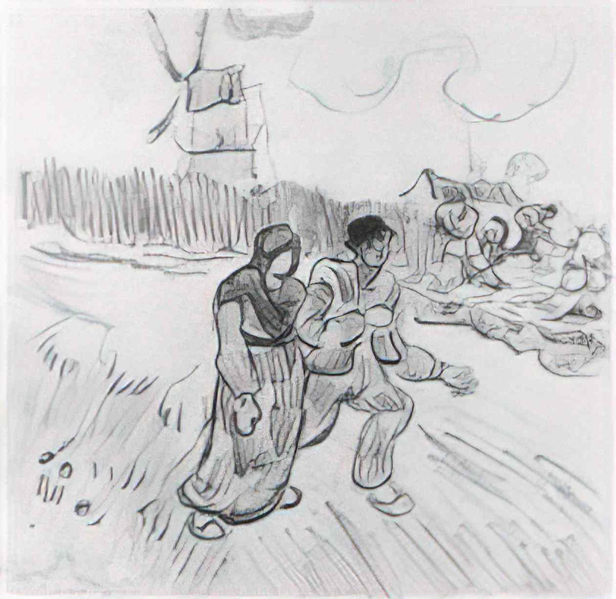 van gogh couple arm in arm and other figures with a windmill in the Art A4 Photo Print