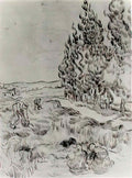 van gogh cypresses with four people working in the field 1890 Art A4 Photo Print