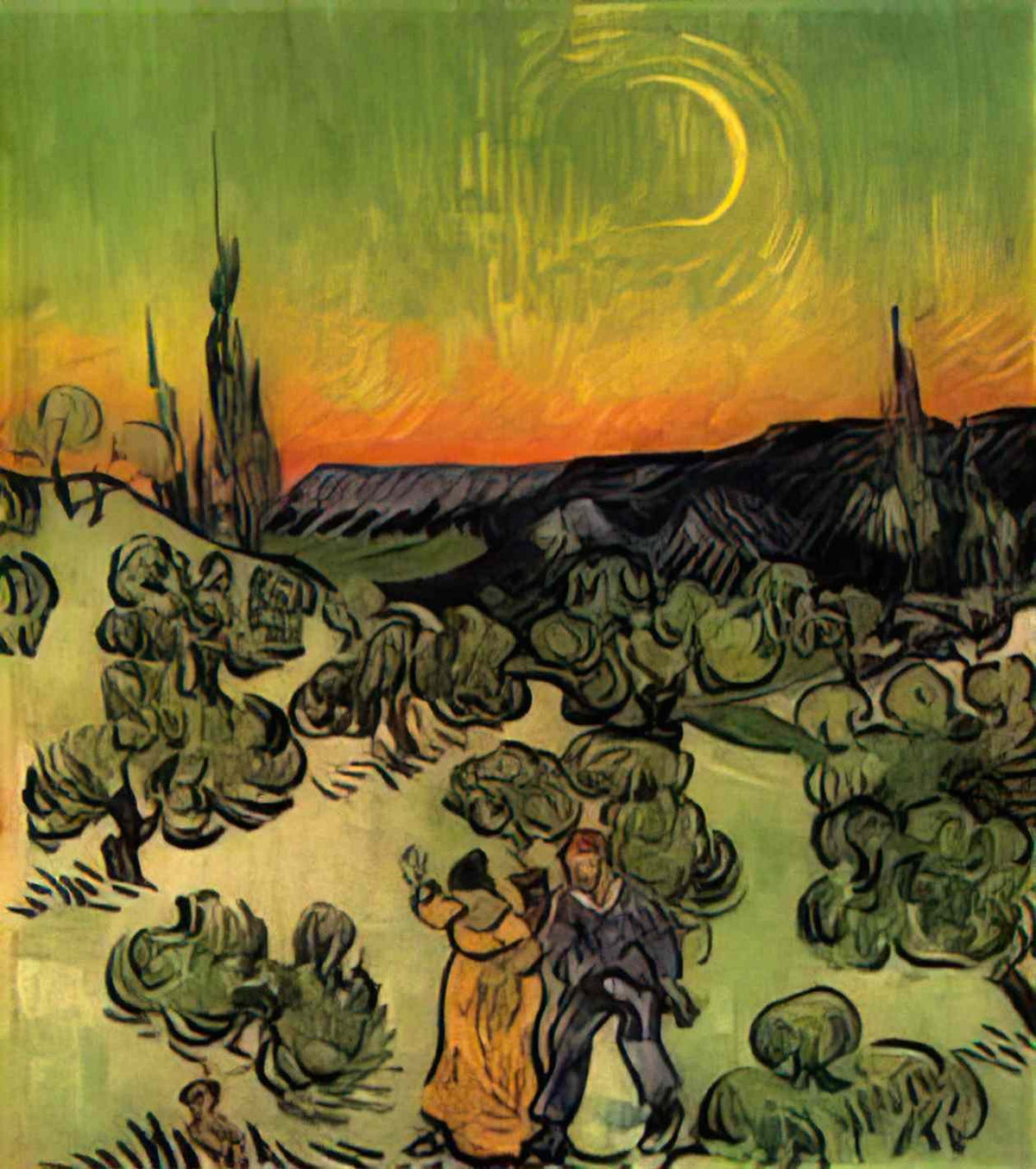 van gogh landscape with couple walking and crescent moon 1890 Art A4 Photo Print