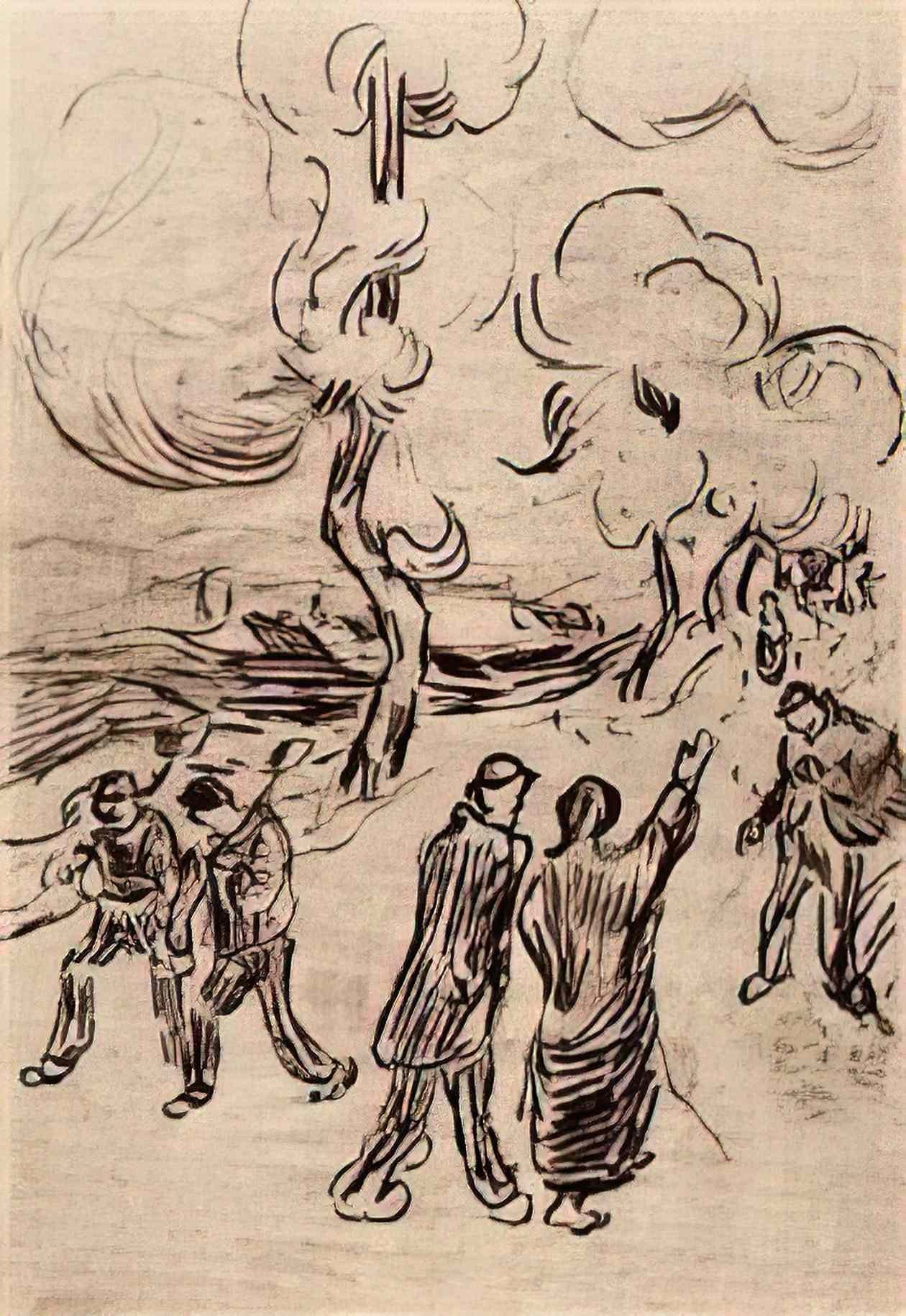 van gogh several figures on a road with trees 1890 Art A4 Photo Print
