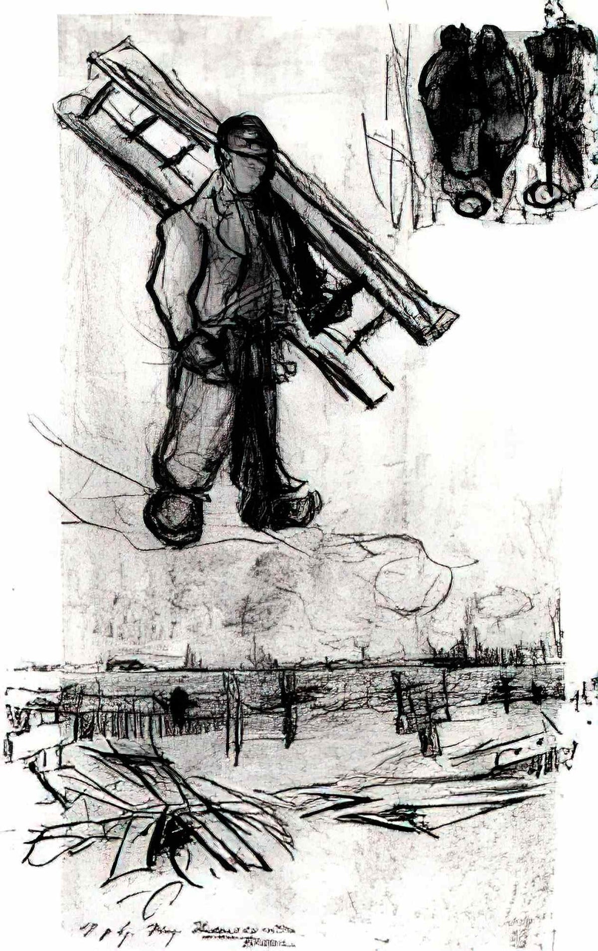 van gogh sketches of a man with a ladder other figures and a cemeter Art A4 Photo Print