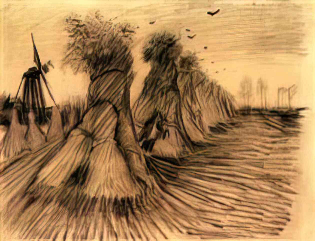 van gogh stooks and a mill 1885 Art A4 Photo Print