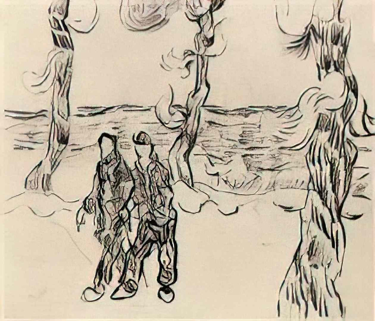 van gogh two men on a road with pine trees 1890 Art A4 Photo Print