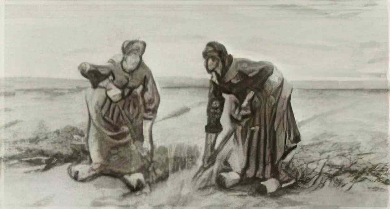 van gogh two women talking to each other while digging 1885 Art A4 Photo Print