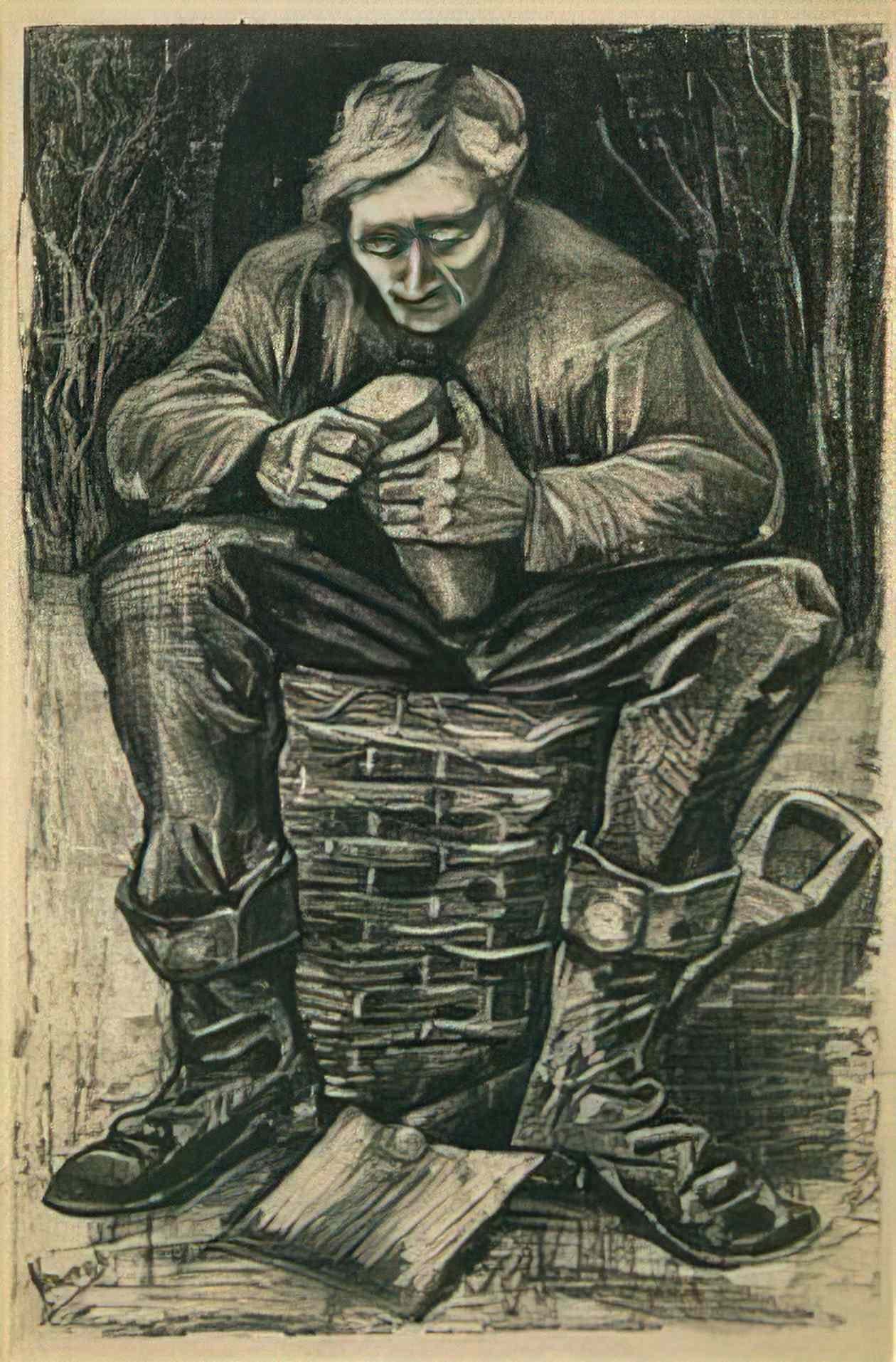 van gogh workman sitting on a basket cutting bread 1882 Art A4 Photo Print
