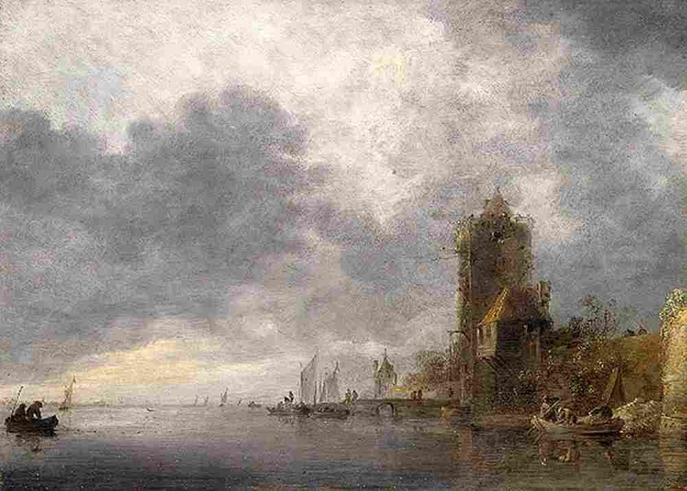 van goyen Channel with Boat and Towers on Shore Art A4 Photo Print