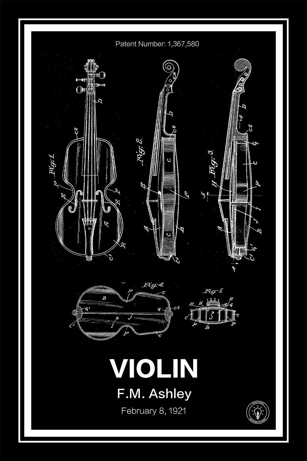 violin patent print black A4 Photo Print