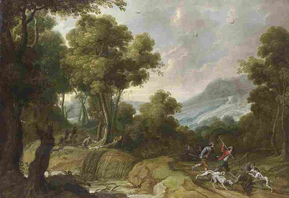 wael cornelis de forest landscape with hunters and their dogs attacking a wolf Art A4 Photo Print