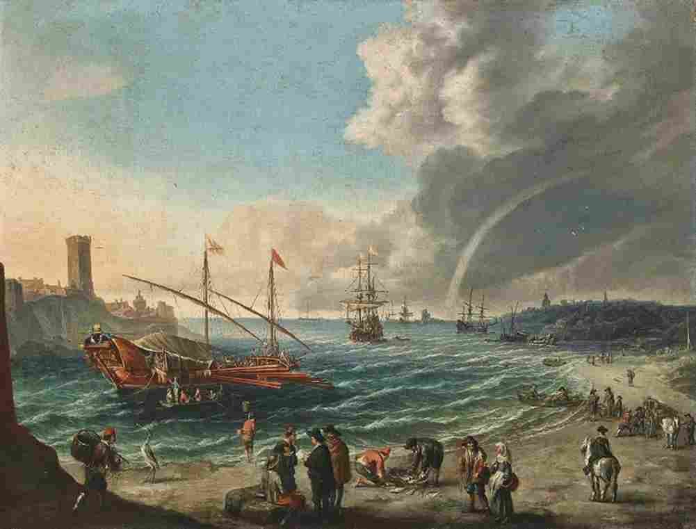 wael cornelis de mediterranean harbour scene with a spanish trading barge Art A4 Photo Print