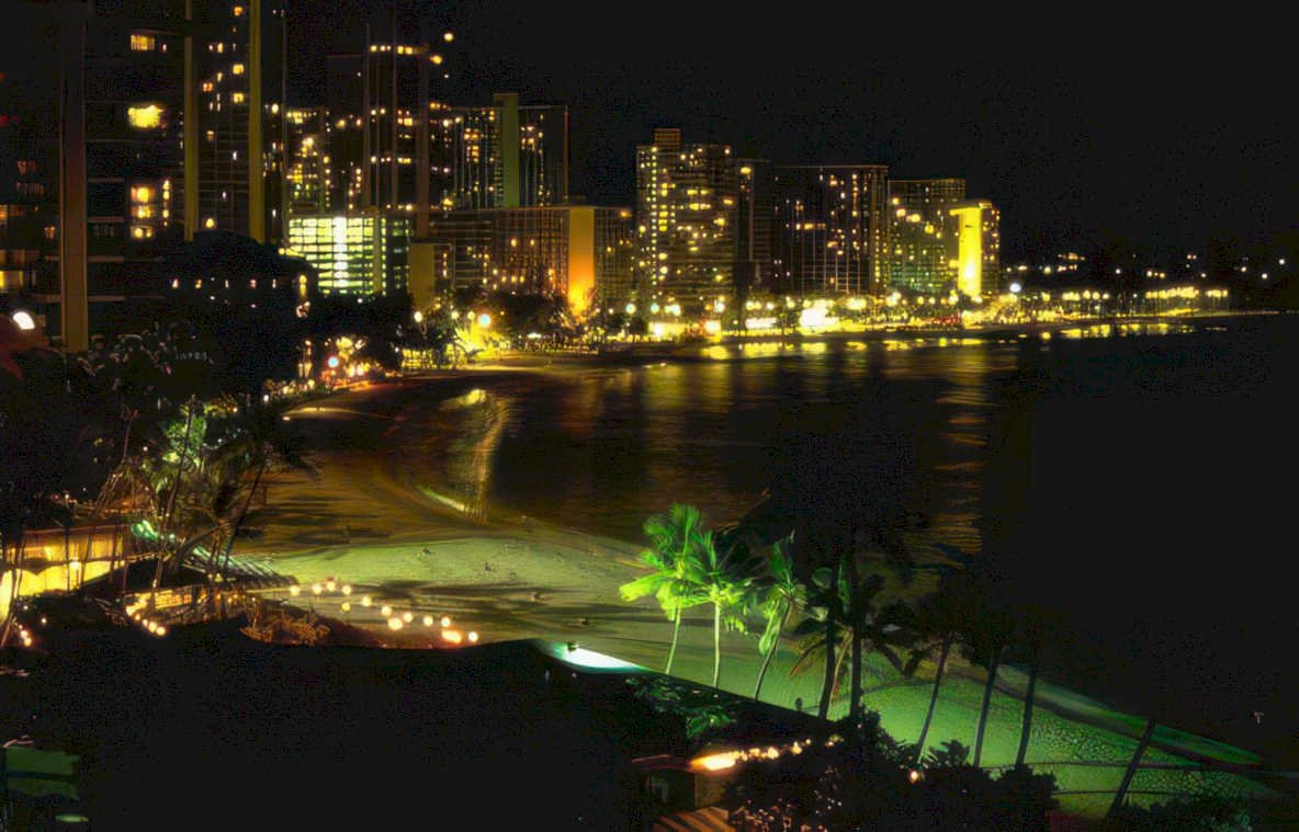 waikiki night lights Vintage A4 Photo Print
