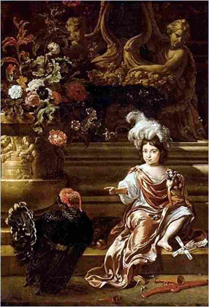 weenj Boy Seated on a Terrace with His Pet Monkey and a Turkey Art A4 Photo Print