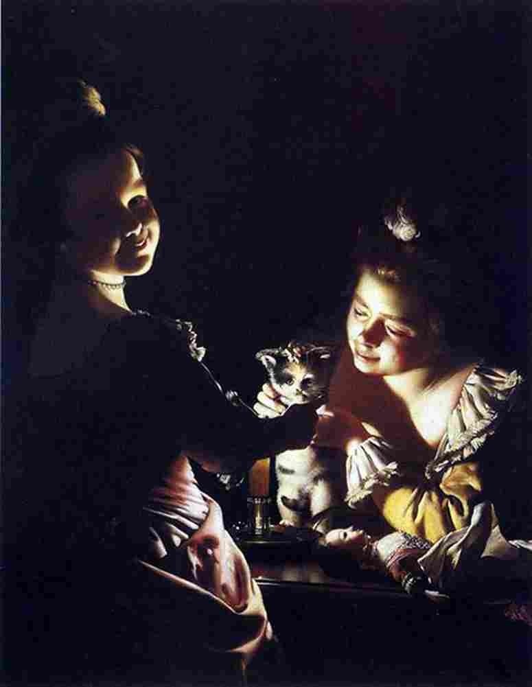 wright of derby Two Girls Dressing a Kitten by Candlelight Art A4 Photo Print