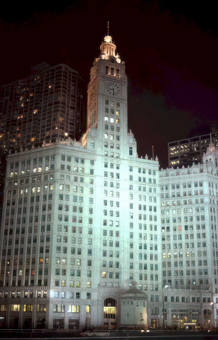 wrigley building night Vintage A4 Photo Print